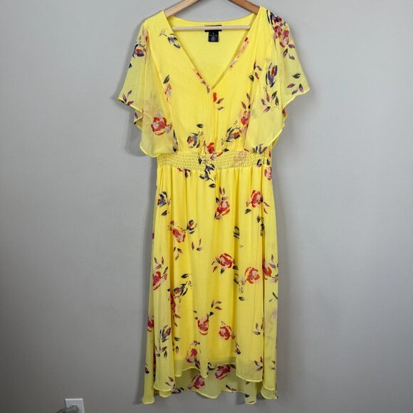 DKNY Shirred Floral Print Crepon Midi Dress Womens 14 Yellow Flutter Sleeve Chic - Picture 6 of 13